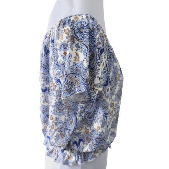 H&M Womens Peasant Shirt Medium Blue Floral Paisley Short Sleeve Blouse Bohemian - Picture 4 of 5